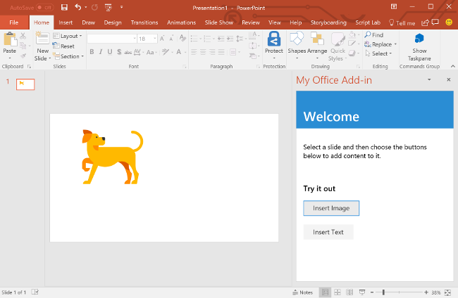 PowerPoint with an image of a dog displayed on the slide.
