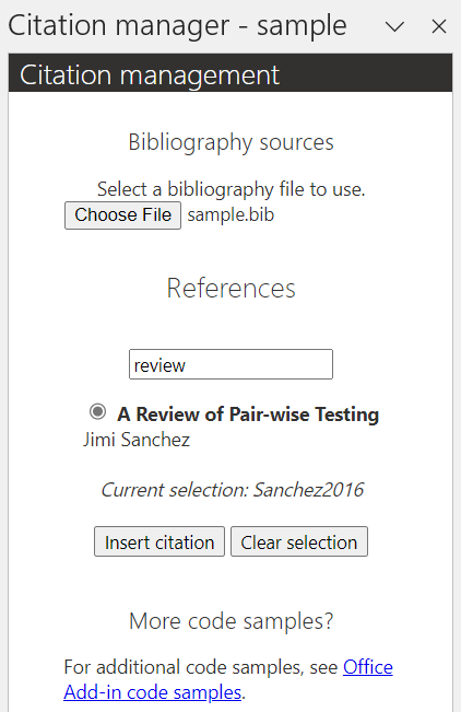 The citation management add-in task pane.