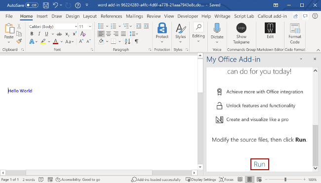 The Word application with the task pane add-in loaded.