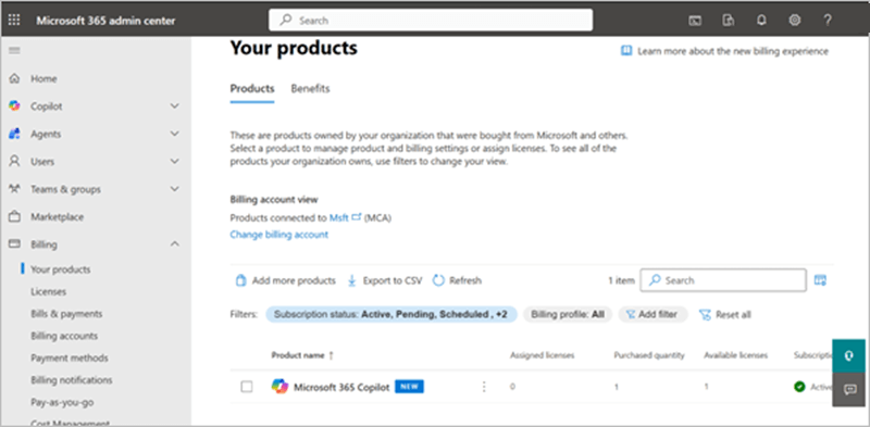 Microsoft Copilot appears now under Your Products