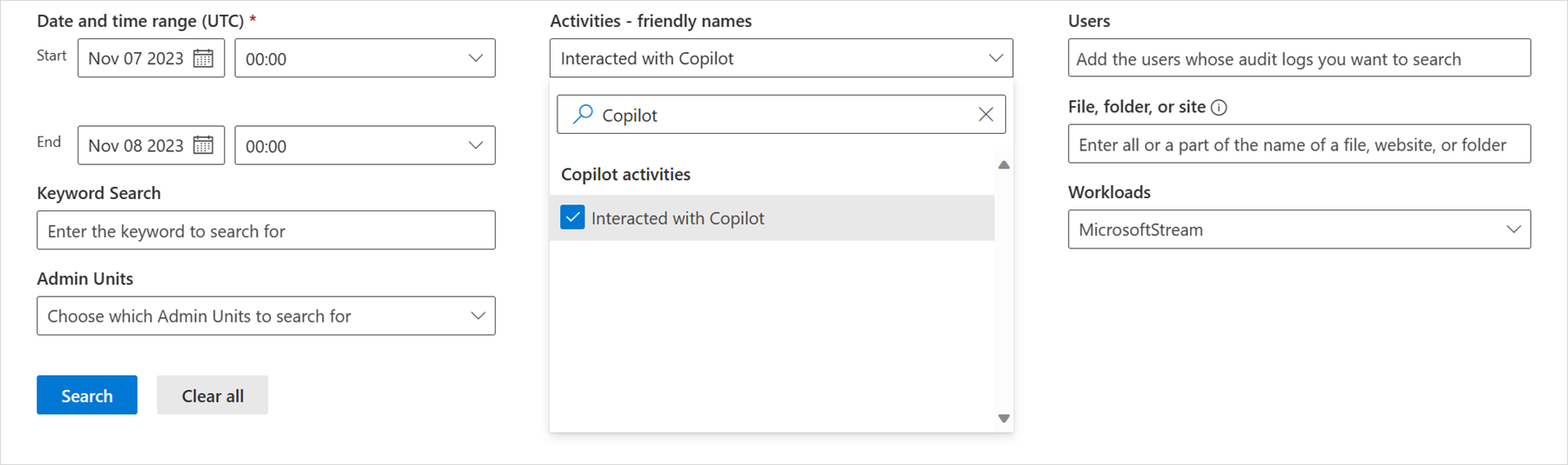 audit search Copilot interaction dialog box