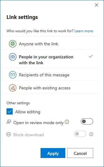 Screenshot of the Link settings with which you can manage access.