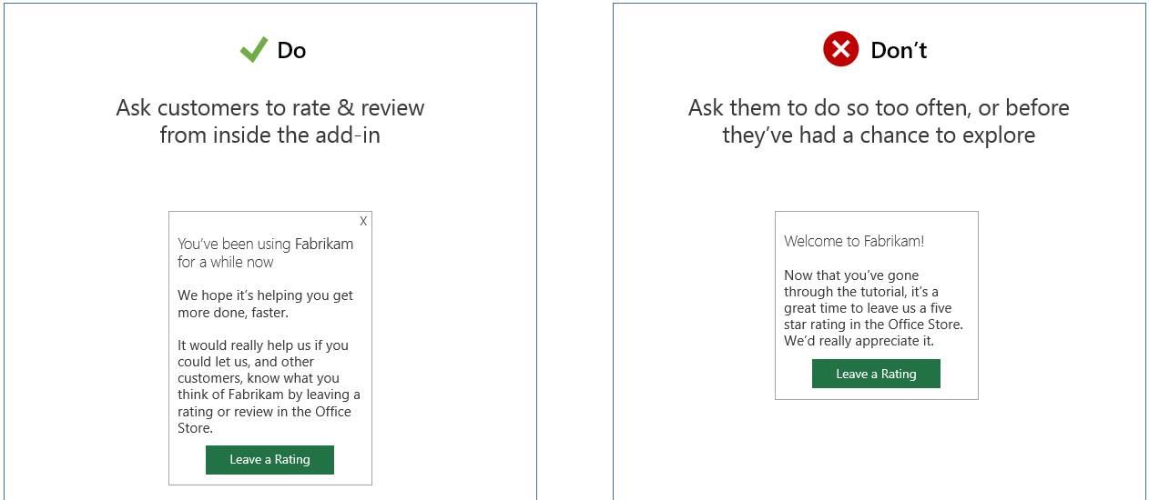 An image that shows a request to rate within an add-in next to a request to rate following a tutorial.