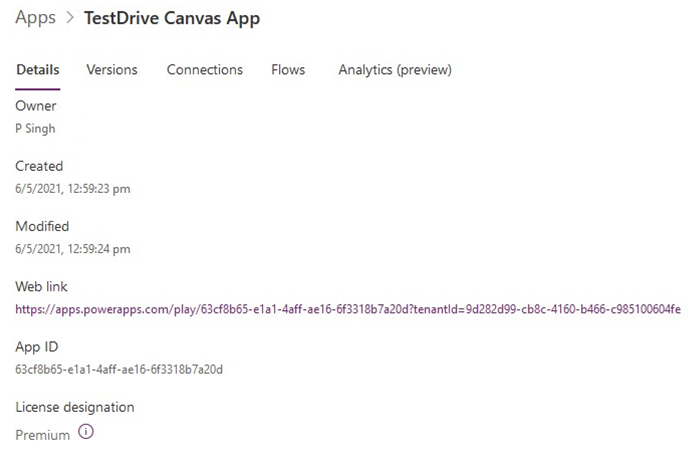 Screenshot that shows the TestDrive Canvas App window.