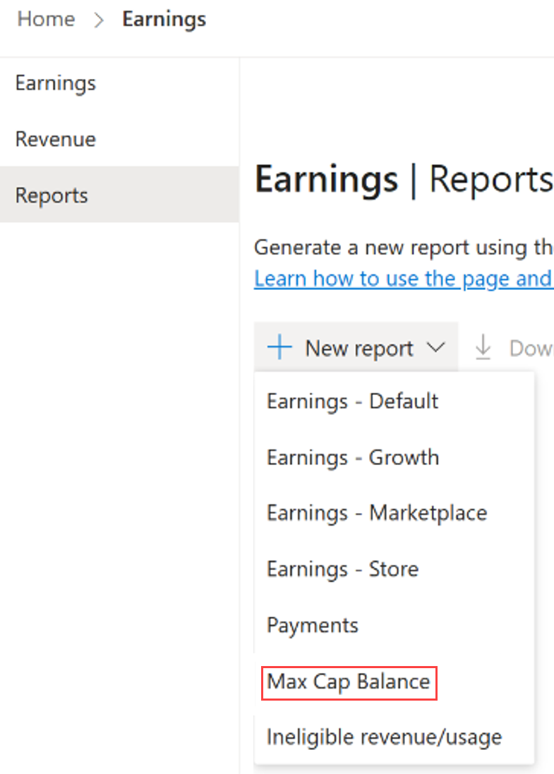 Screenshot of the Earnings report page, with the new report: Max Cap Balance selected.