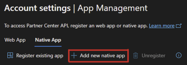 Screenshot of the App Management page, with Add new native app highlighted.