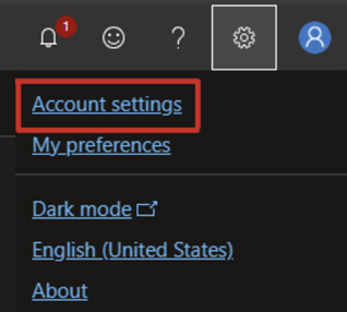 Screenshot of the Partner Center settings menu, with Account settings highlighted.