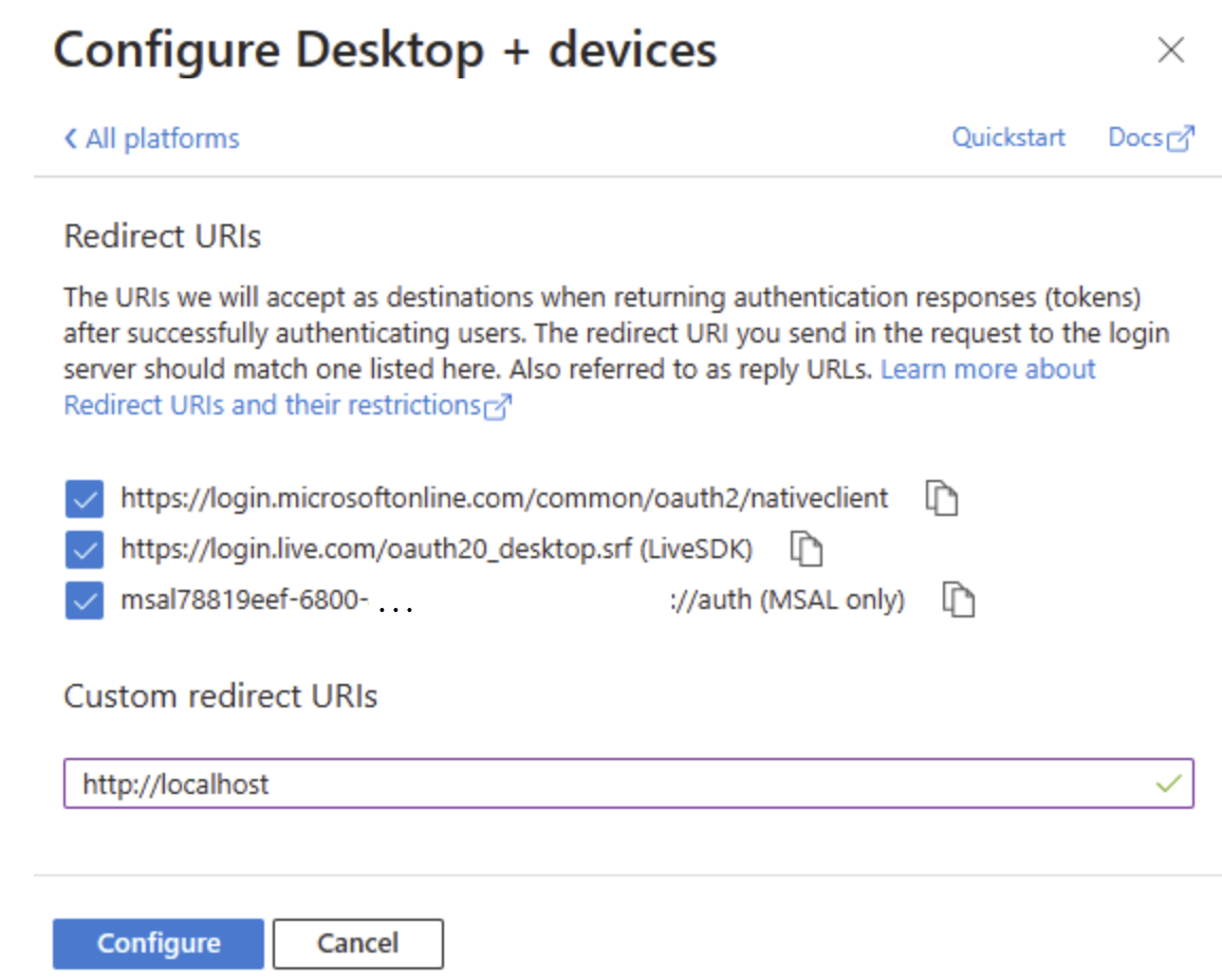 Screenshot of the 'Configure desktop + devices' page, with Redirect URIs shown.