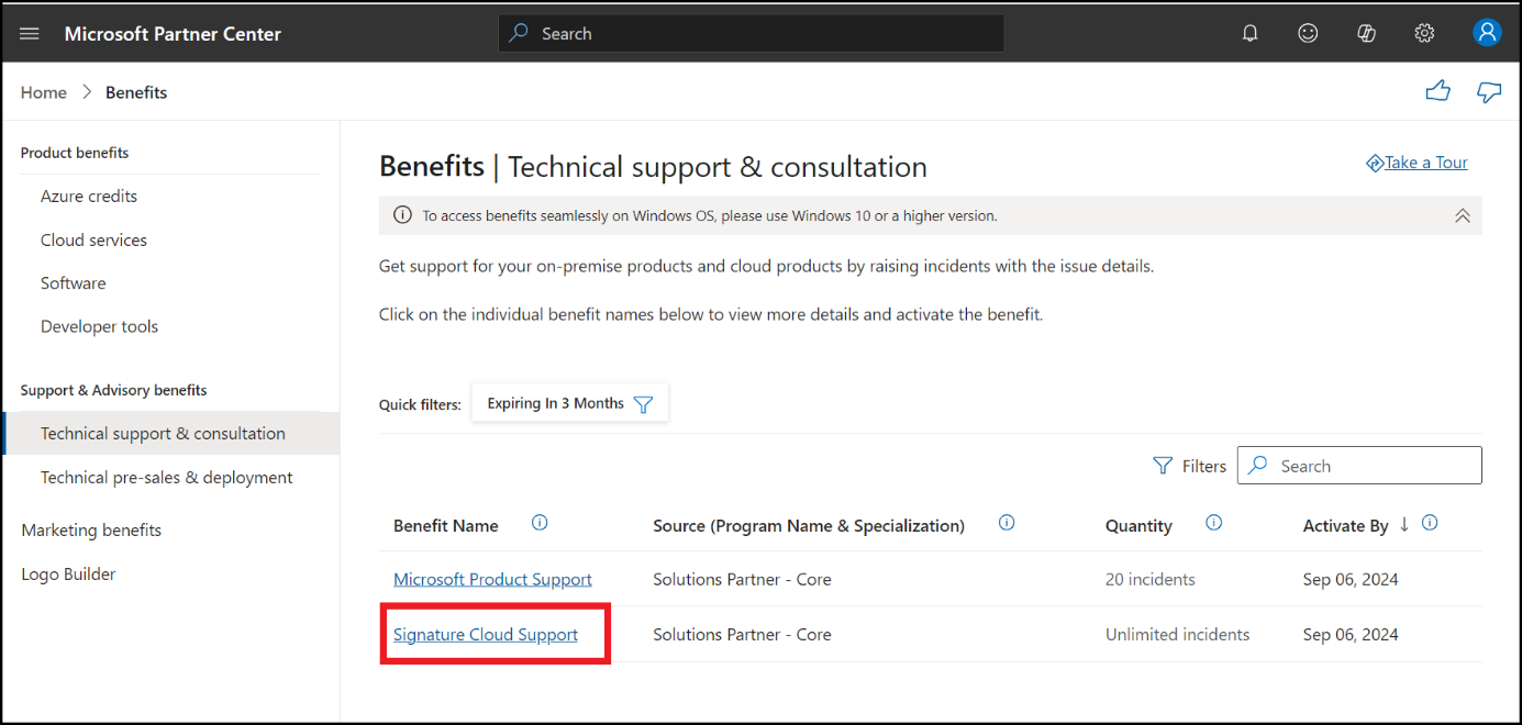 Screenshot of Benefits page in the Technical Support and Consultation pane, with a single active membership offer selected.