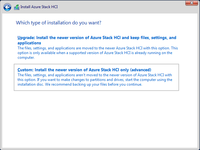 Zrzut ekranu przedstawiający stronę języka kreatora Install Type Azure Stack HCI (Typ instalacji rozwiązania Azure Stack HCI).