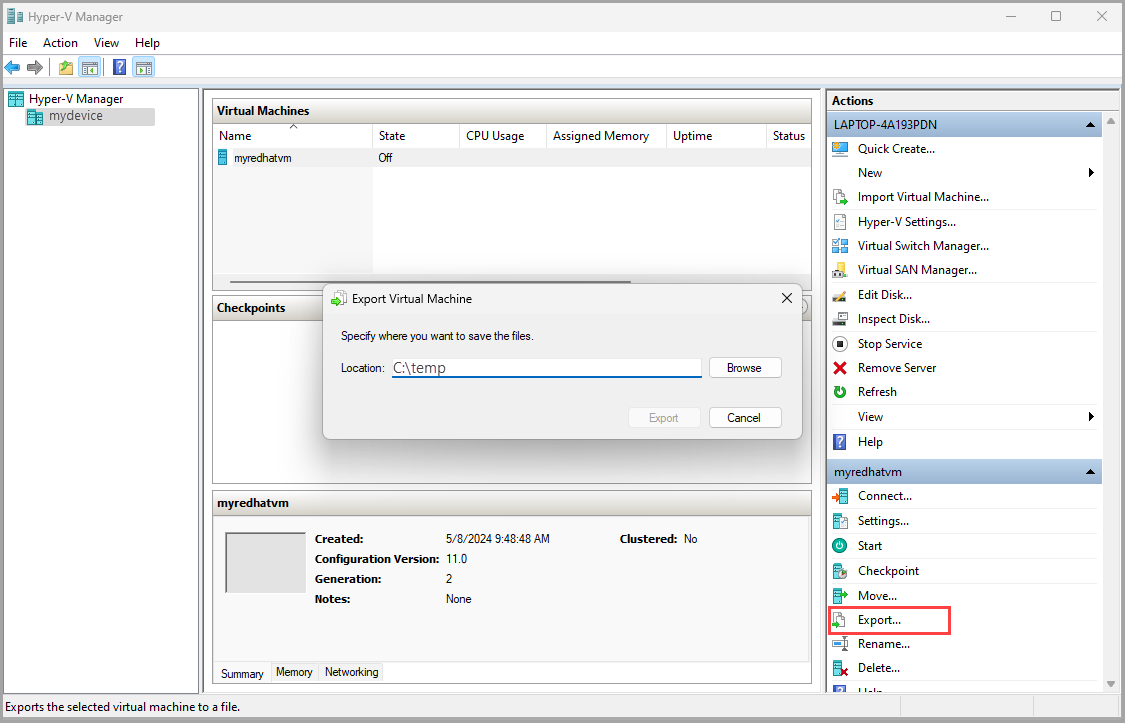 Zrzut ekranu przedstawiający eksportowanie maszyny wirtualnej VHDX.