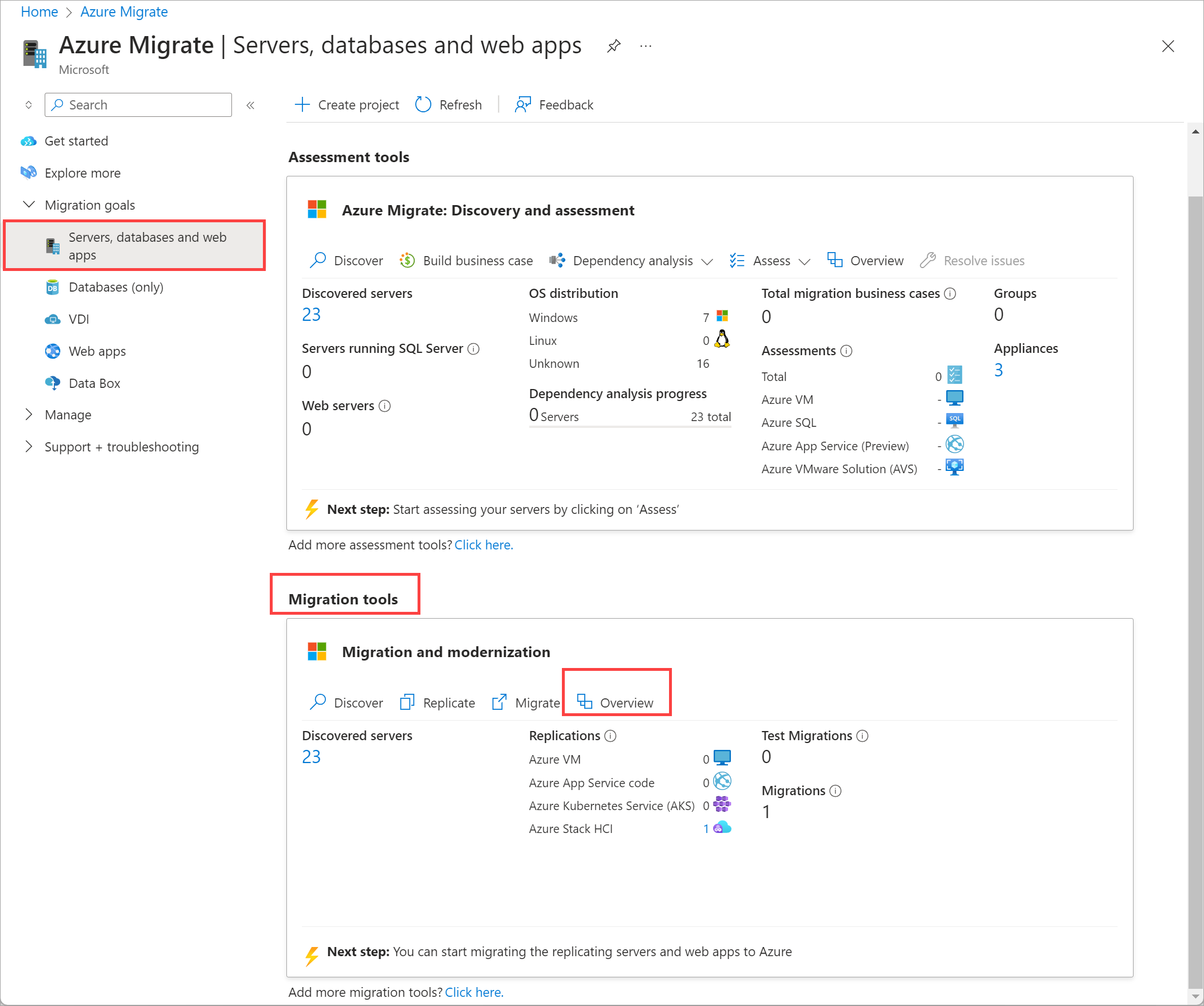 Zrzut ekranu przedstawiający omówienie narzędzi > migracji projektu > usługi Azure Migrate w Azure Portal.
