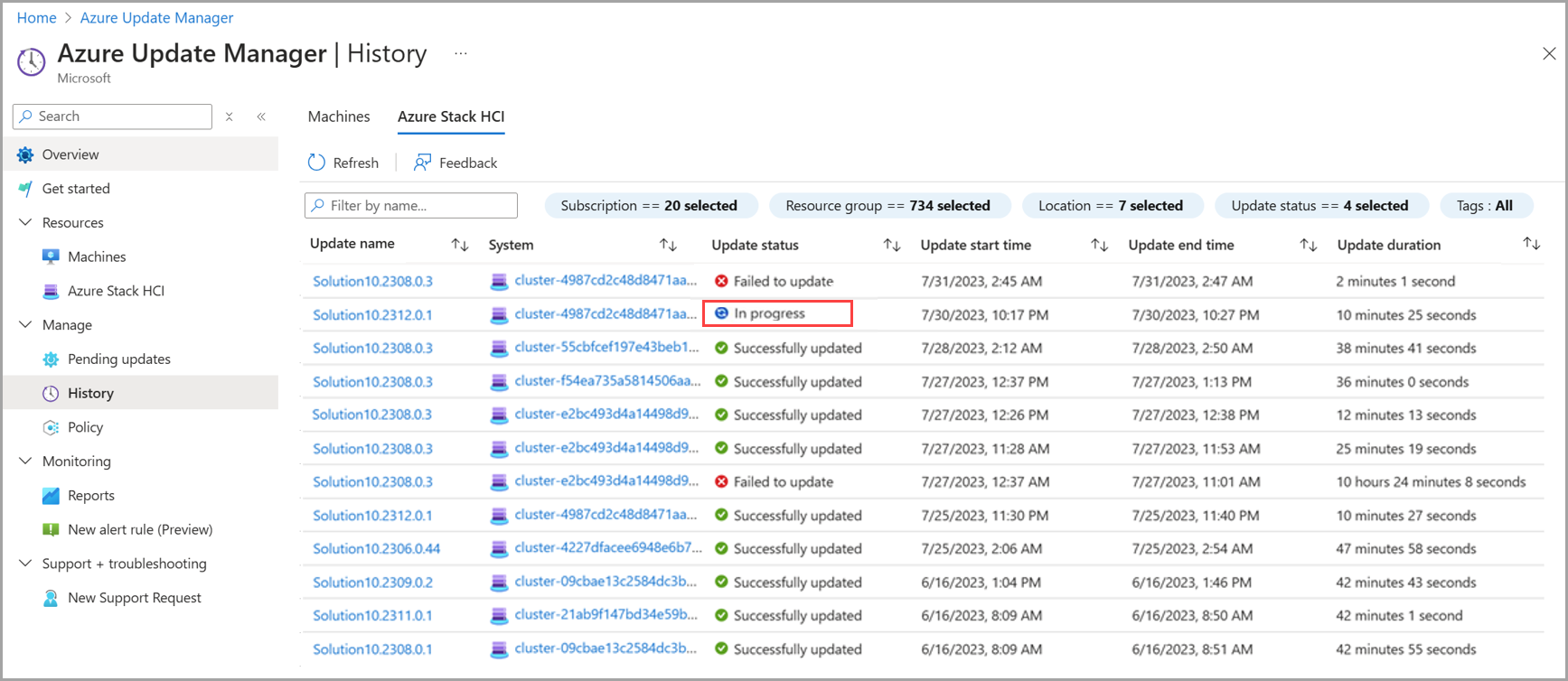 Zrzut ekranu przedstawiający postęp aktualizacji klastra w usłudze Azure Update Manager.