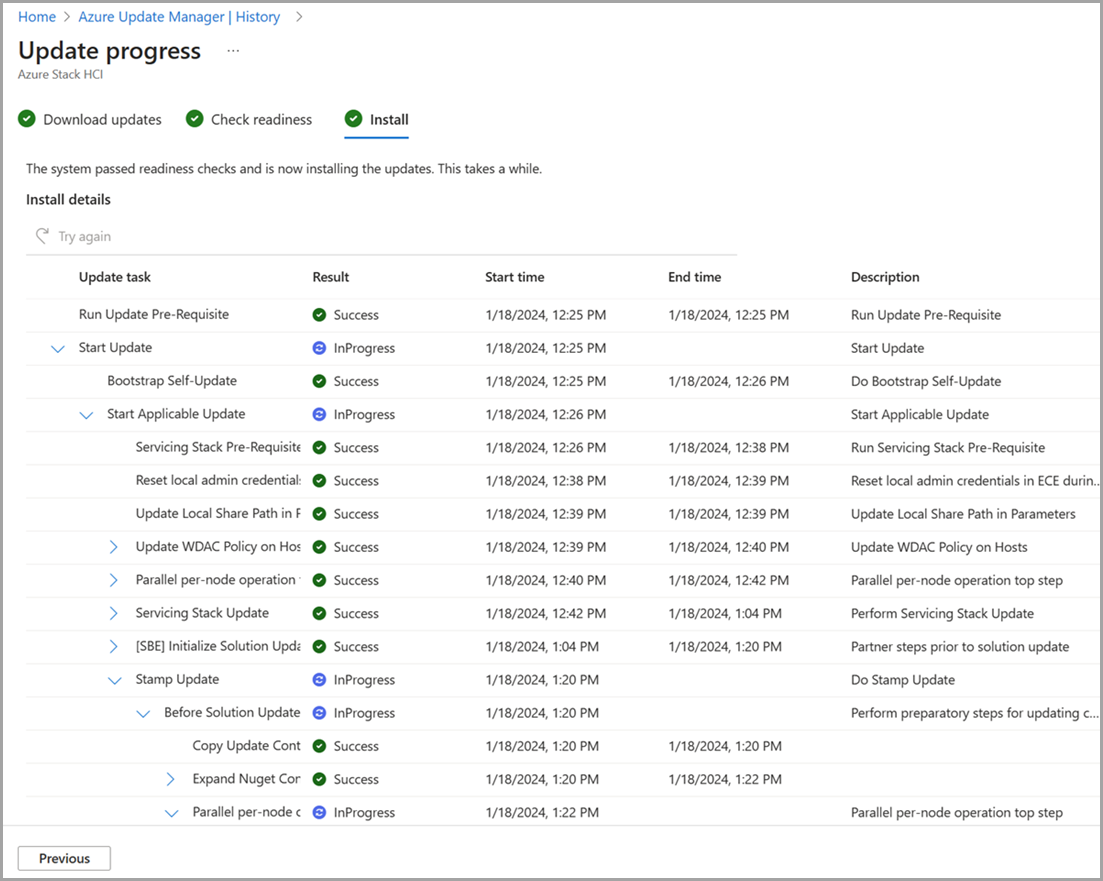 Zrzut ekranu przedstawiający postęp aktualizacji w usłudze Azure Update Manager.
