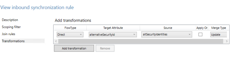 Zrzut ekranu przedstawiający sposób przekształcania atrybutu altSecurityIdentities na alternateSecurityId.