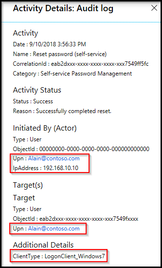 Przykład resetowania hasła systemu Windows 7 w dzienniku inspekcji usługi Azure AD