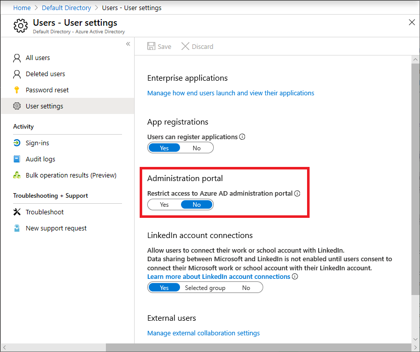 Ustawienia użytkownika usługi Microsoft Entra — portal Administracja istration