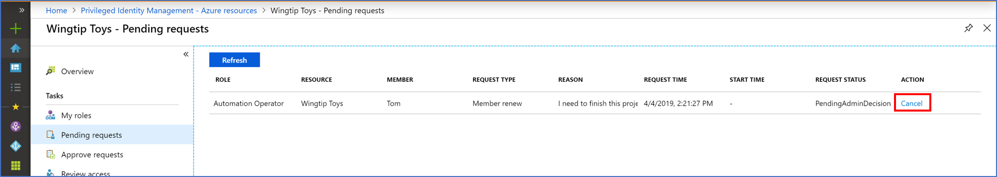 Zrzut ekranu przedstawiający zasoby platformy Azure — strona Oczekujące żądania zawierająca listę oczekujących żądań i link do pozycji Anuluj.