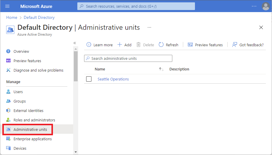 Zrzut ekranu przedstawiający stronę Jednostki administracyjne w Azure AD.