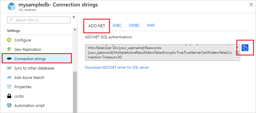 Skopiuj parametry połączenia ADO.NET.