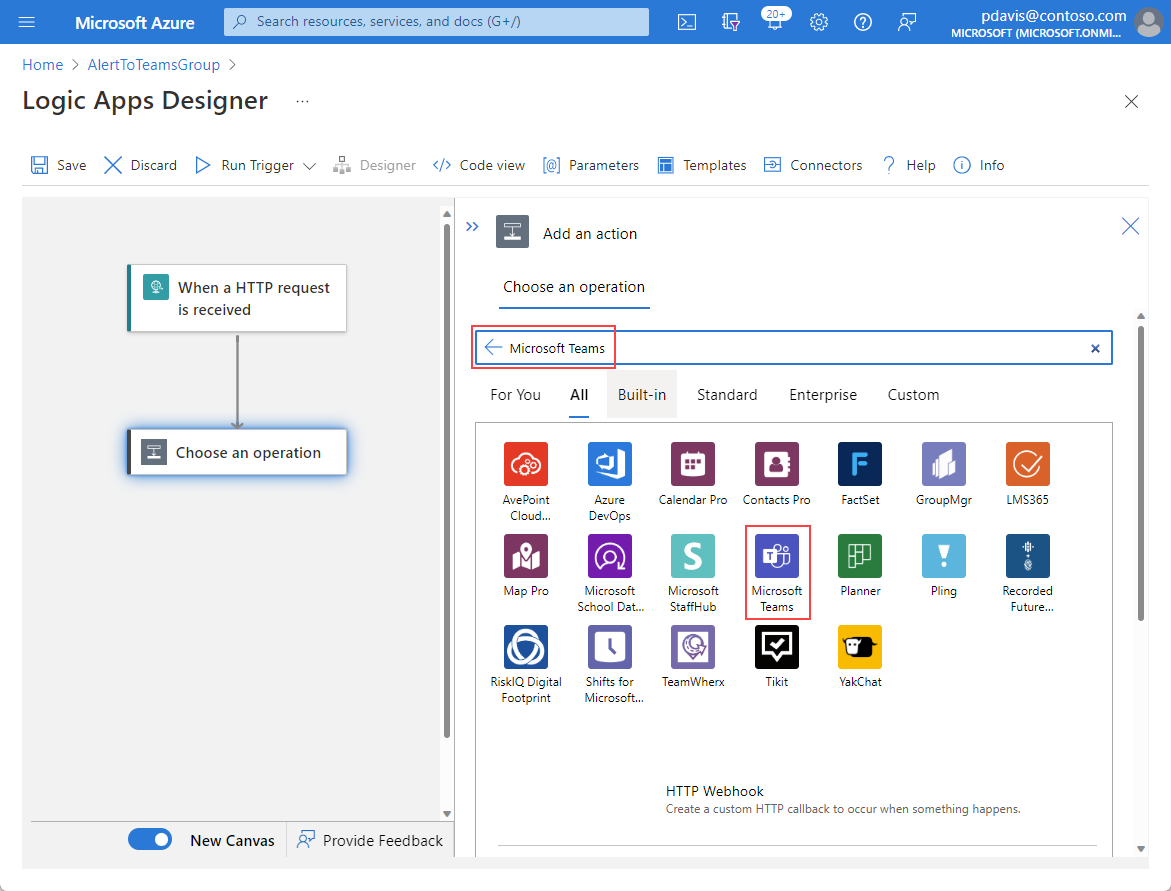 Zrzut ekranu przedstawiający stronę Dodaj akcję Projektant usługi Logic Apps z wybraną usługą Microsoft Teams.
