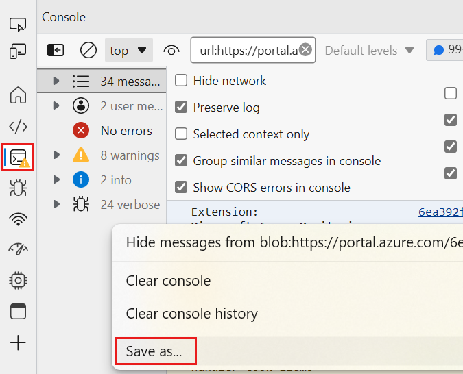 Zrzut ekranu przedstawiający sposób zapisywania danych wyjściowych konsoli w przeglądarce Edge.