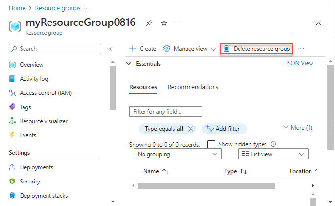 Zrzut ekranu przedstawiający Azure Portal z przyciskiem Usuń grupę zasobów wyróżnioną w określonej grupie zasobów.
