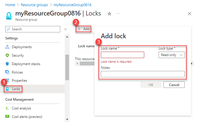 Zrzut ekranu przedstawiający formularz Dodaj blokadę w Azure Portal z polami Nazwa blokady, Typ blokady i Notatki.
