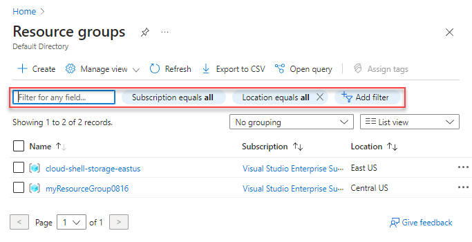 Zrzut ekranu przedstawiający Azure Portal wyświetlający listę grup zasobów.