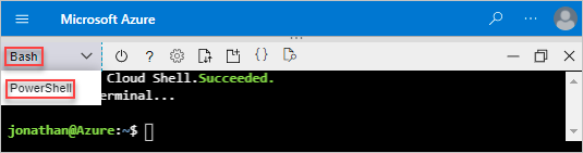 Zrzut ekranu przedstawiający opcję wybrania powłoki Bash lub programu PowerShell w Cloud Shell.