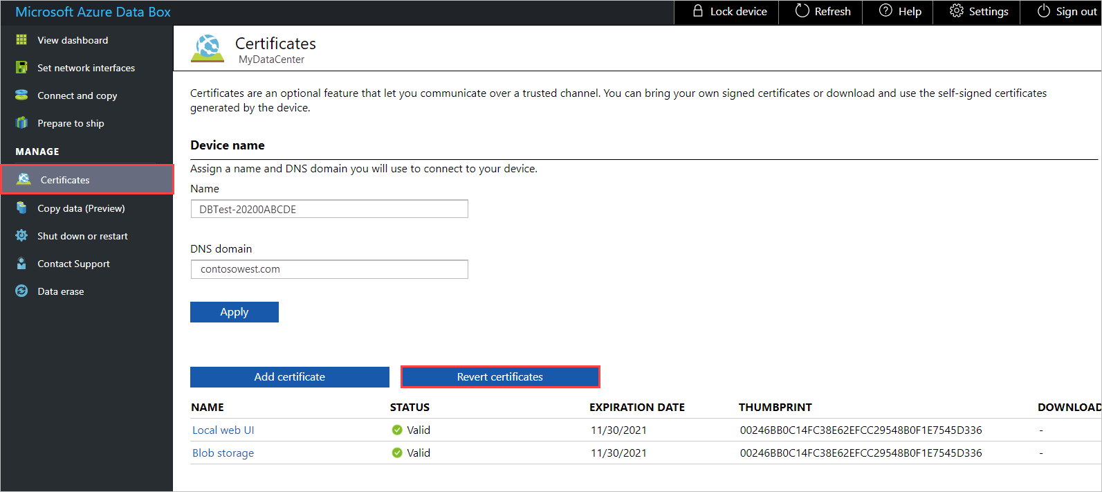 Revert certificates option in Manage Certificates for a Data Box device