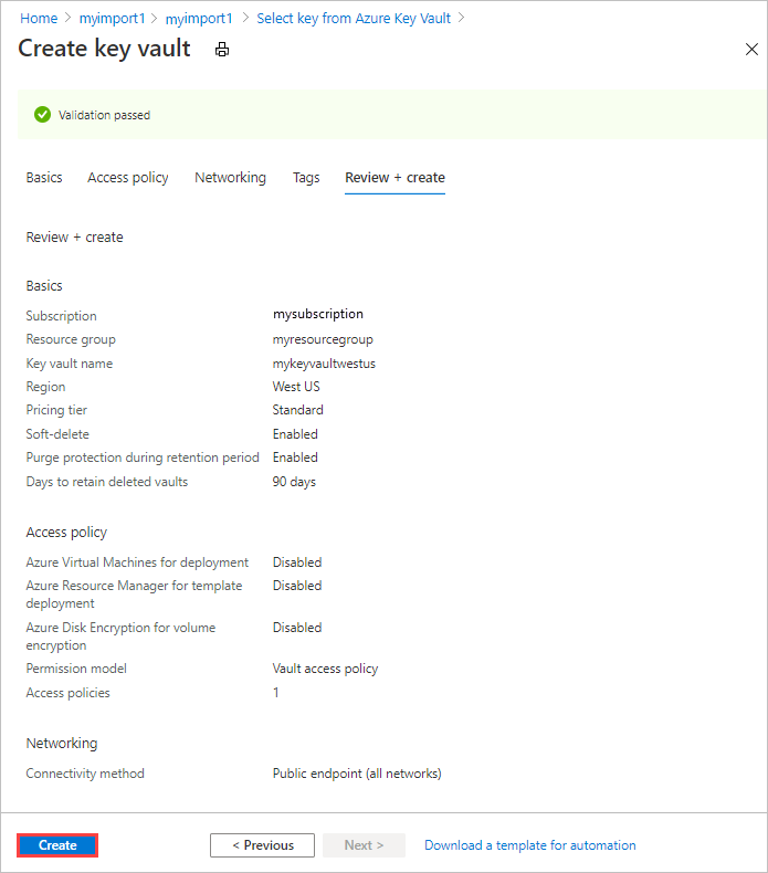 Create Azure Key Vault with your settings