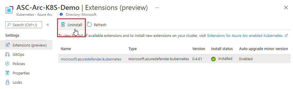 Usuwanie rozszerzenia z klastra Kubernetes z obsługą usługi Arc.