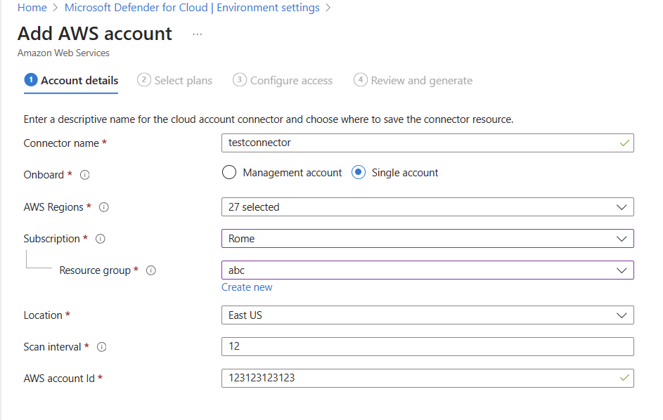 Zrzut ekranu przedstawiający formularz, aby wypełnić szczegóły konta dla środowiska platformy AWS w Microsoft Defender dla Chmury.