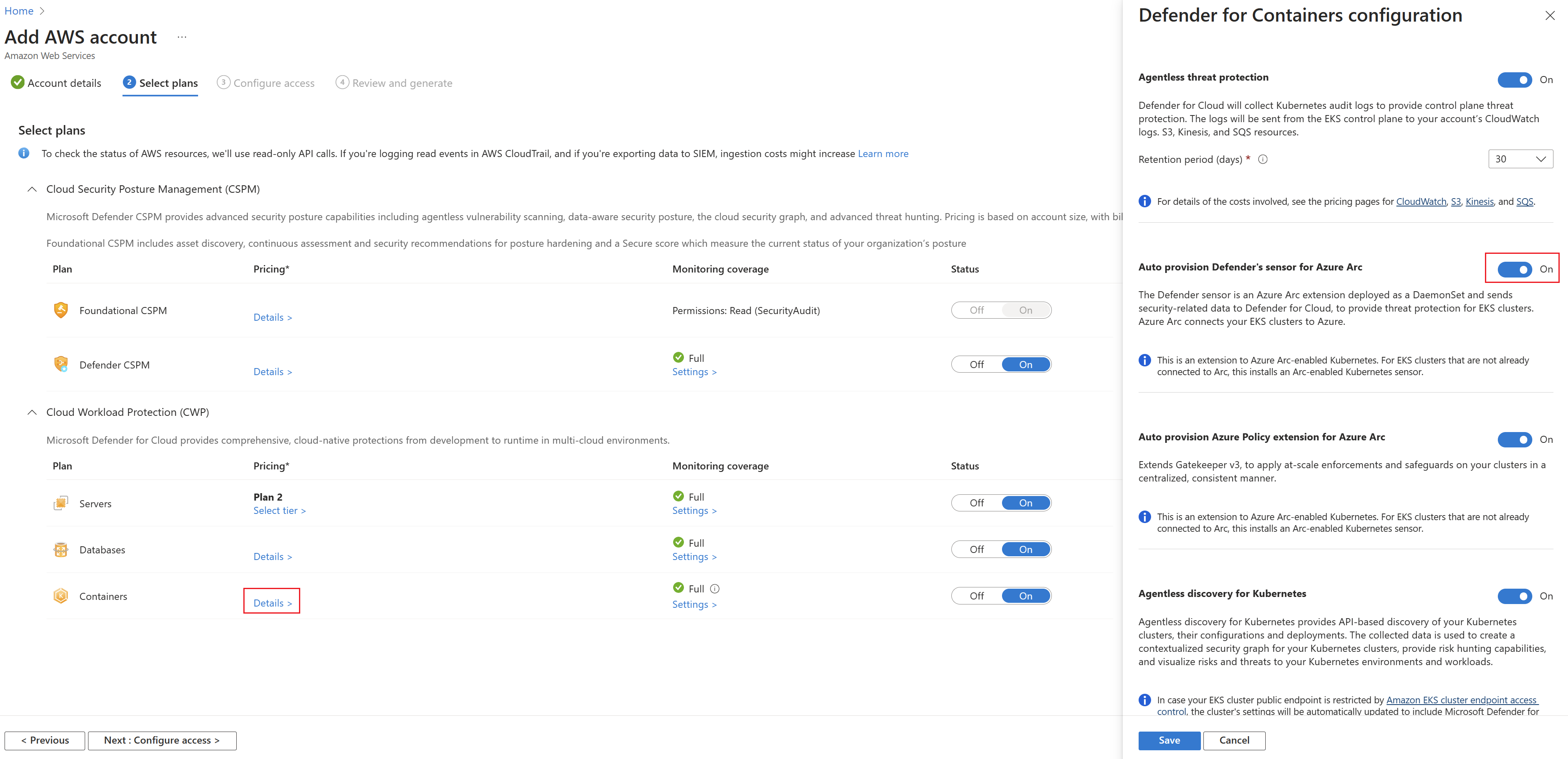 Zrzut ekranu przedstawiający sposób włączania czujnika usługi Defender dla usługi Azure Arc w usłudze Microsoft Defender dla Chmury.