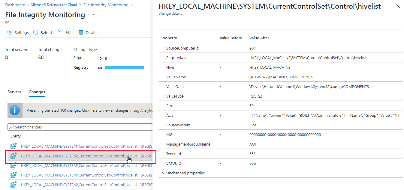 Screenshot of Microsoft Defender for Cloud's file integrity monitoring showing the details pane for a change.