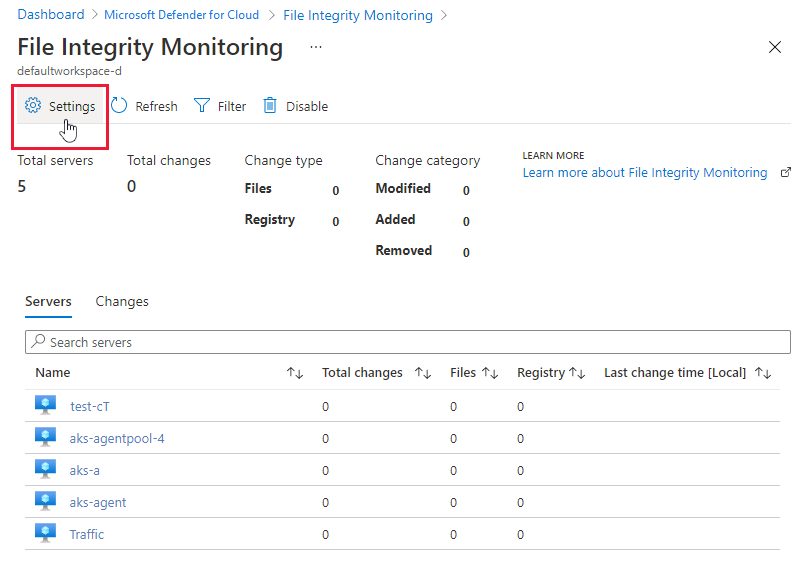 Screenshot of accessing the file integrity monitoring settings for a workspace.