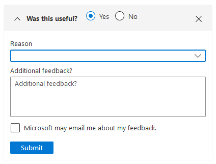 Zrzut ekranu przedstawiający okno przekazywania opinii do firmy Microsoft, które pozwala wybrać użyteczność alertu.