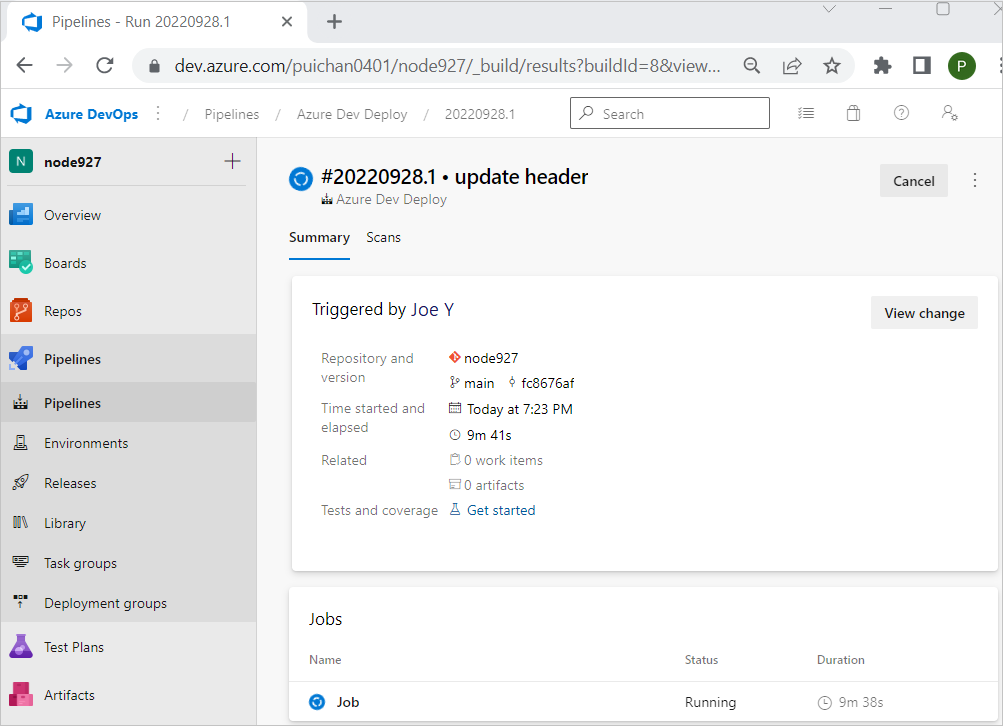 Zrzut ekranu przedstawiający przepływ pracy usługi GitHub uruchomiony po aktualizacji testowej.