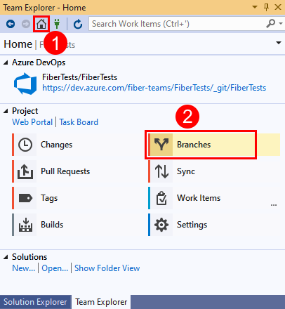 Zrzut ekranu przedstawiający opcję Gałęzie w programie Team Explorer w programie Visual Studio 2019.