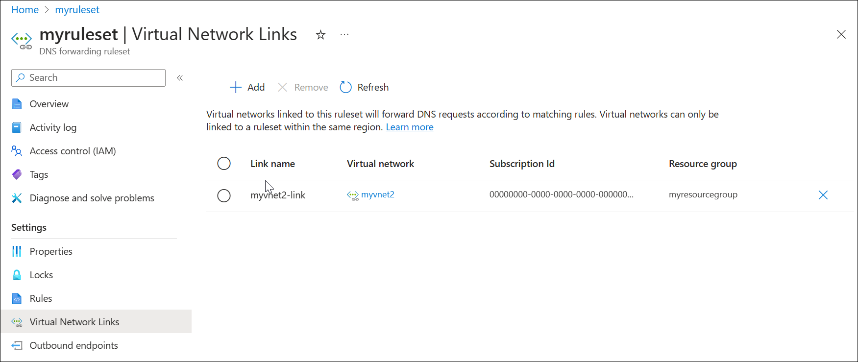 Zrzut ekranu przedstawiający łącza sieci wirtualnej zestawu reguł po usunięciu linku.