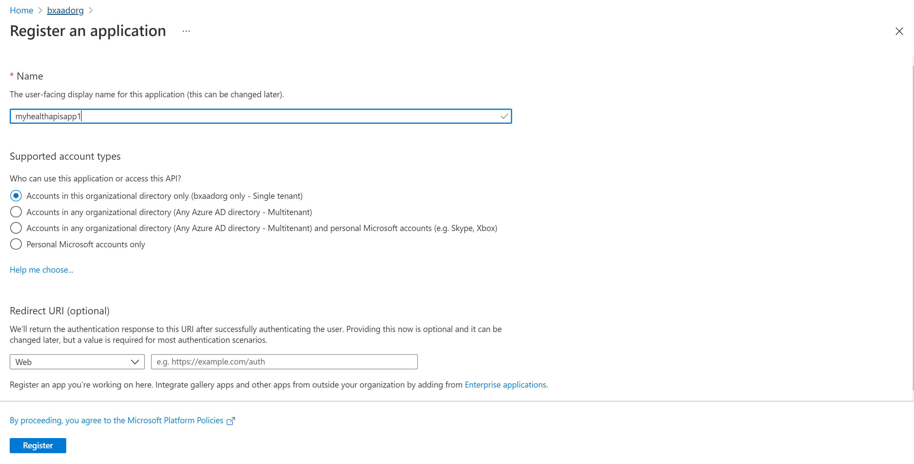 Screenshot of new registration account options.