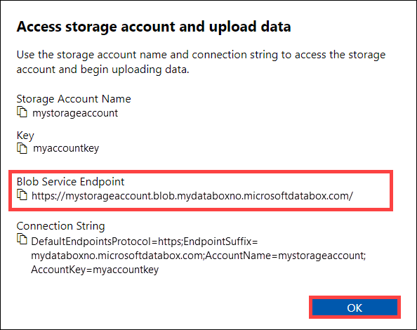 Screenshot shows the Access storage account and upload data dialog box where you can copy the Blob Service Endpoint.