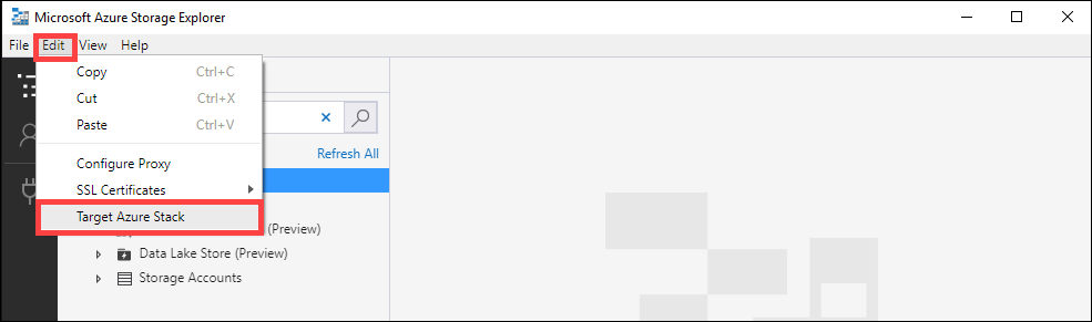 Screenshot shows Target Azure Stack selected from the Edit menu.