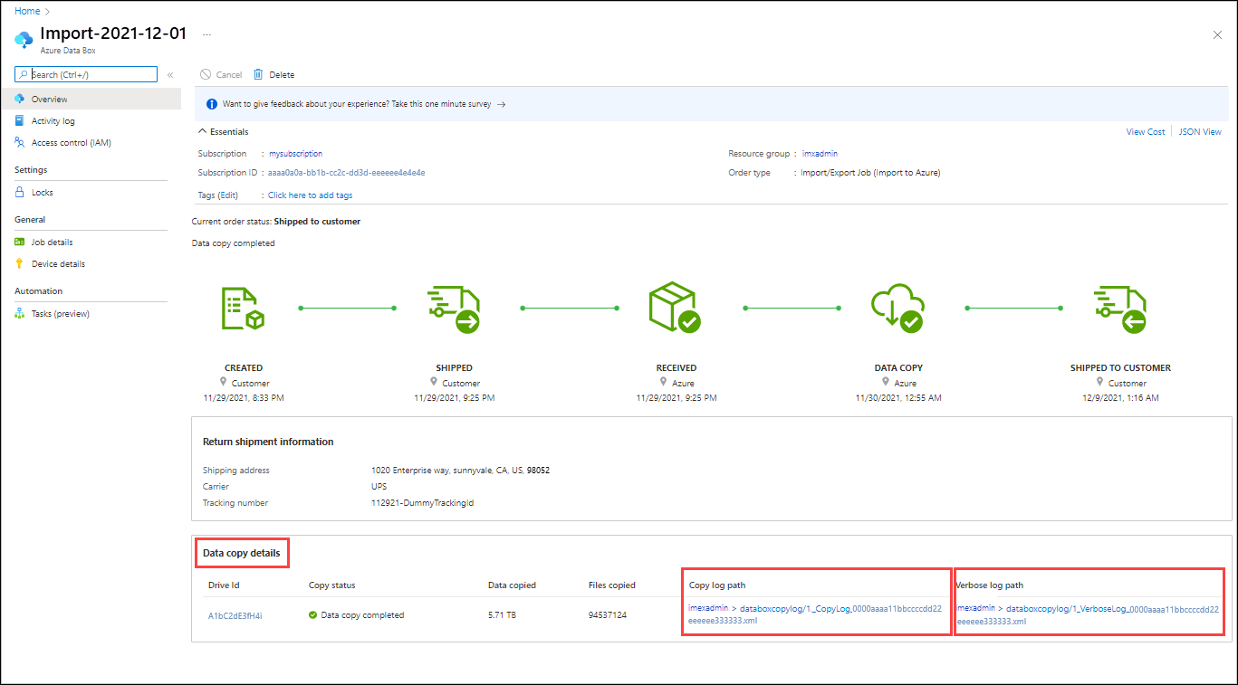 Zrzut ekranu przedstawiający ukończone zadanie importowania w usłudze Azure Import Export. W obszarze Szczegóły kopiowania danych wyróżniono ścieżkę dziennika kopiowania i pełnej ścieżki dziennika.