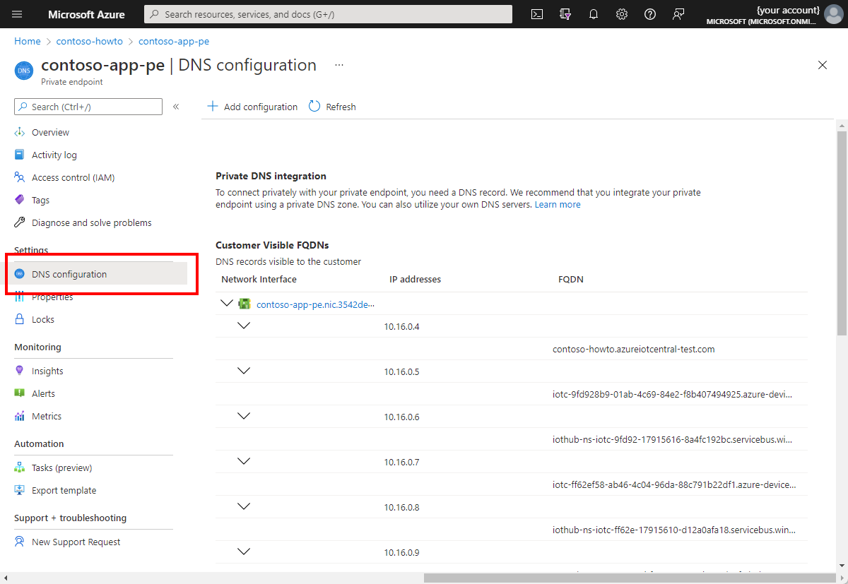 Zrzut ekranu przedstawiający Azure Portal, który pokazuje widoczne nazwy FQDN klienta.