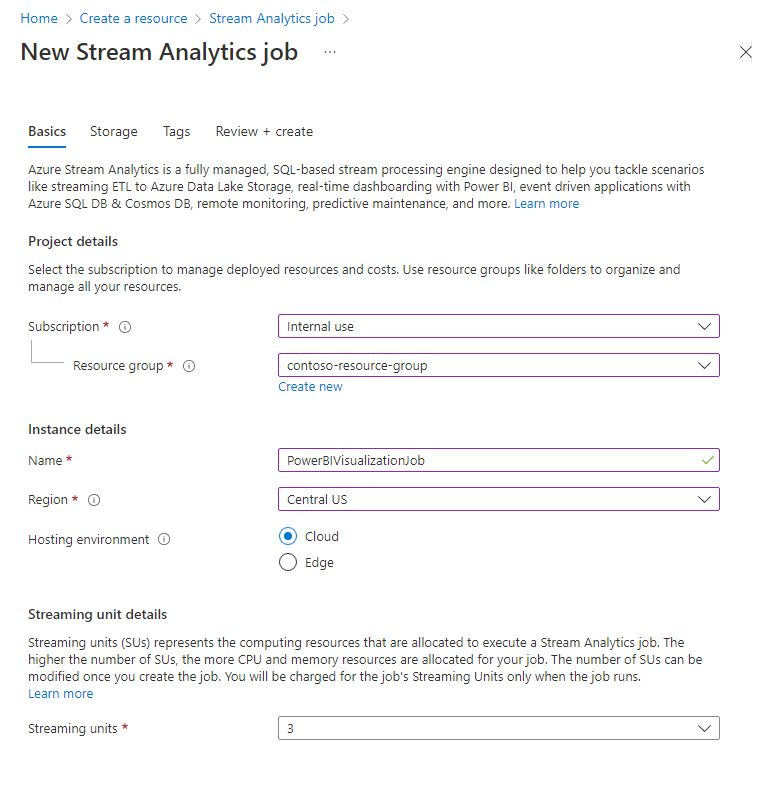 Zrzut ekranu przedstawiający tworzenie zadania usługi Stream Analytics.