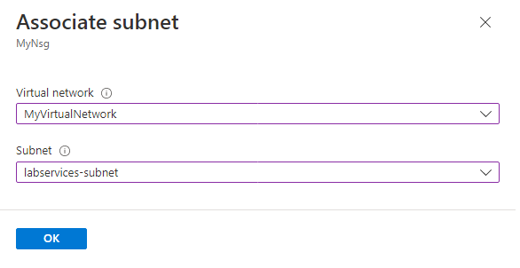 Screenshot of the Associate subnet page in the Azure portal.