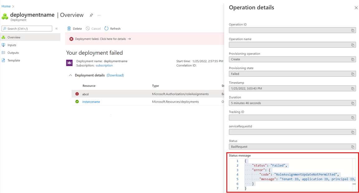 Screenshot of the Azure platform: Instance deployment error.