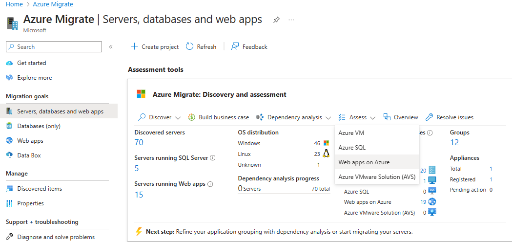 Zrzut ekranu przedstawiający stronę Przegląd usługi Azure Migrate.